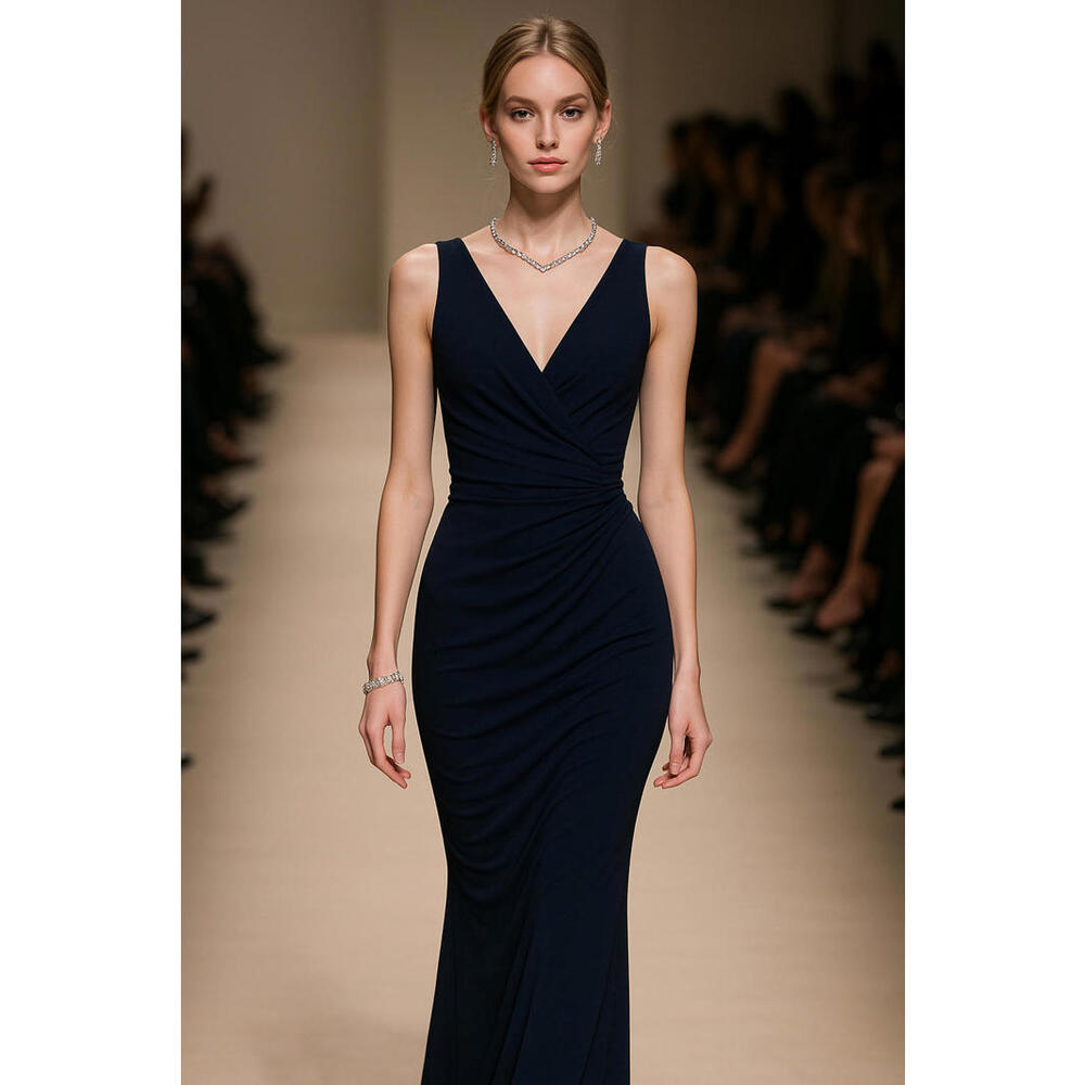 Badgley Mischka Midnight Ruched V-Neck Gown sz 4 Prom GALA MOB Black-tie $990